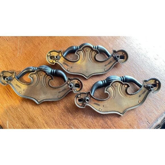 3 Vintage Black Brass Bat Wing Drawer Pulls CP-2222 4" Center Bail Handles - Picture 3 of 6